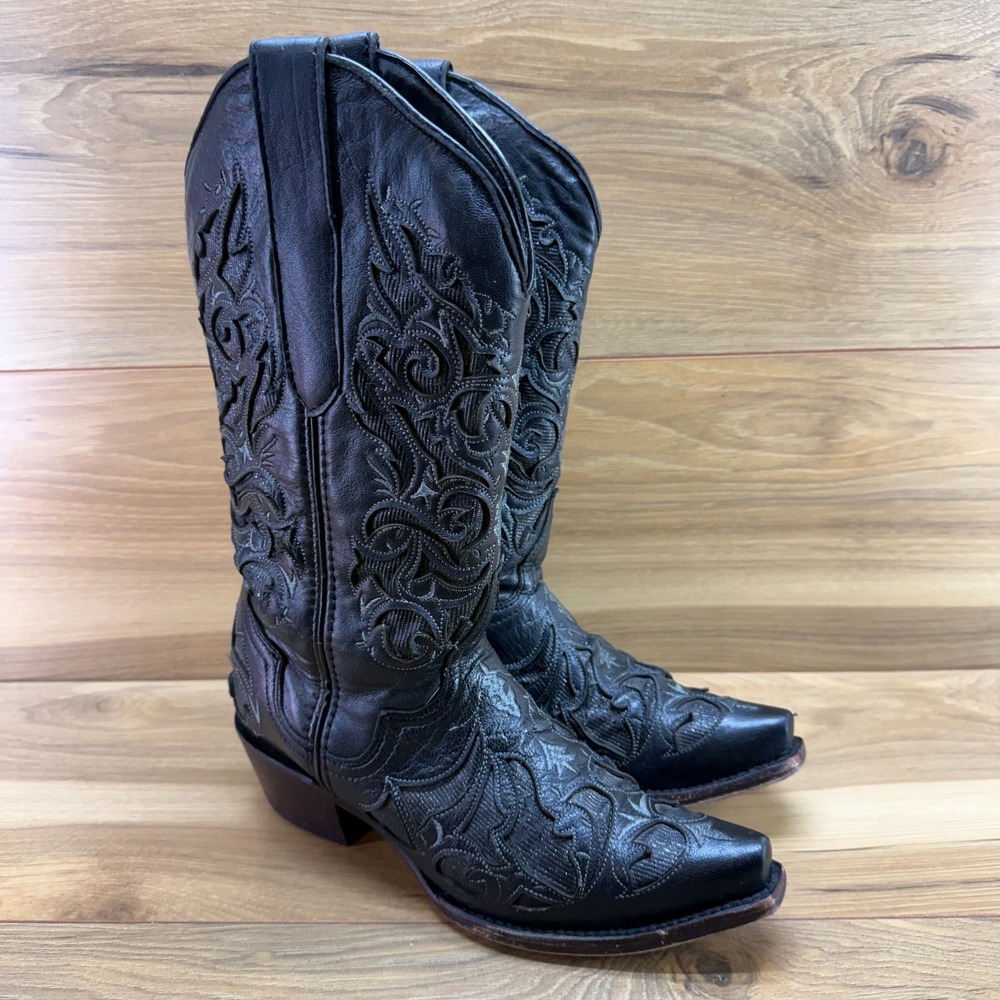 TEXAS COUNTRY Western Boots Womens 8 Black Metallic Inlay Shimmer Snip Toe